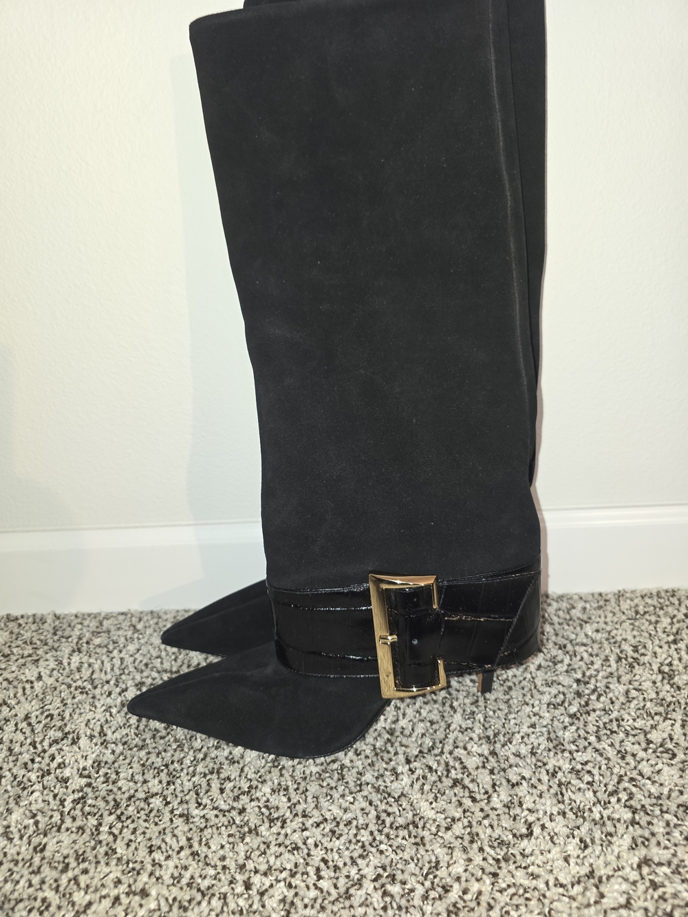 SCHUTZ Brand New Black Suede Knee-High Pointed-Toe Boot with Gold Buckle - Picture 4 of 5